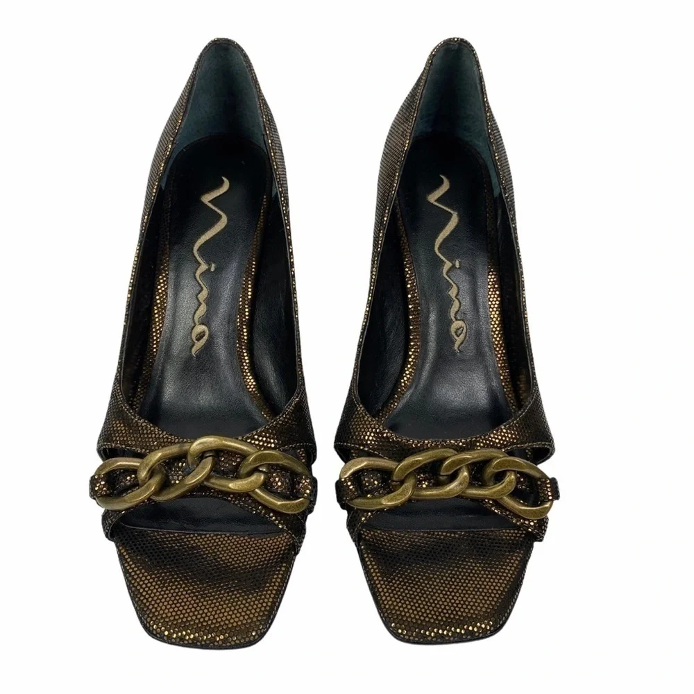 Nina Bronze Chain Link Leather Sole Stiletto Heels Women's‎ Size 7 Open Toe